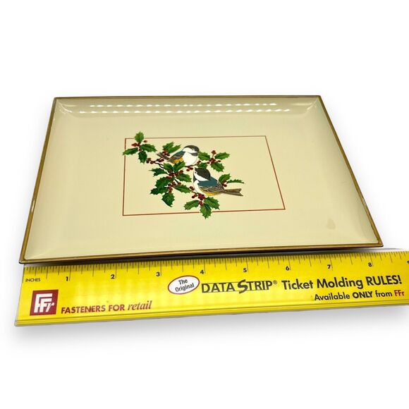 Vintage Otagiri Japan Lacquerware Tray Chickadees on Holly Christmas Bird 8.5x6” - Picture 4 of 12